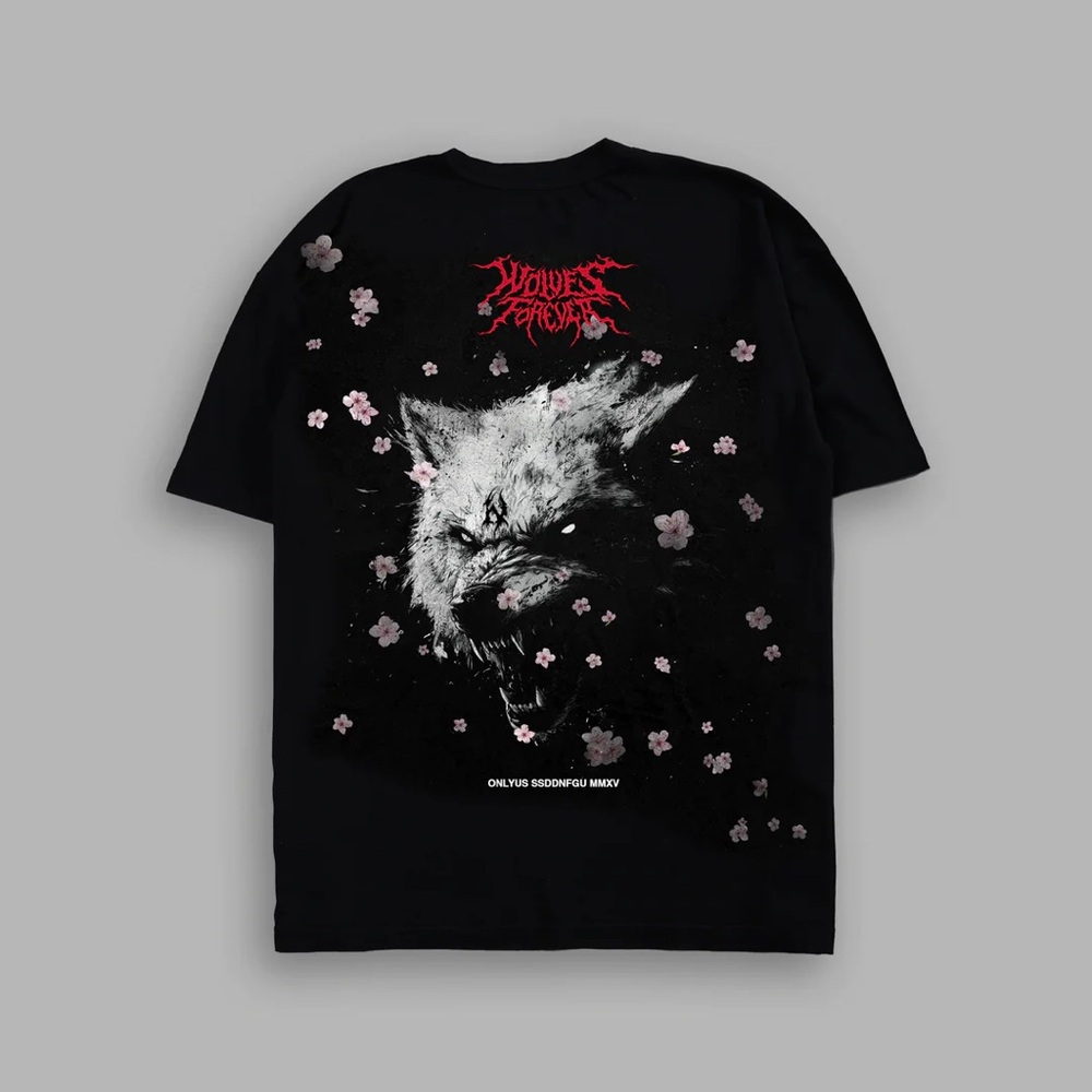 CHERRY BLOSSOM WOLF "PREMIUM" OVERSIZED TEE IN BLACK